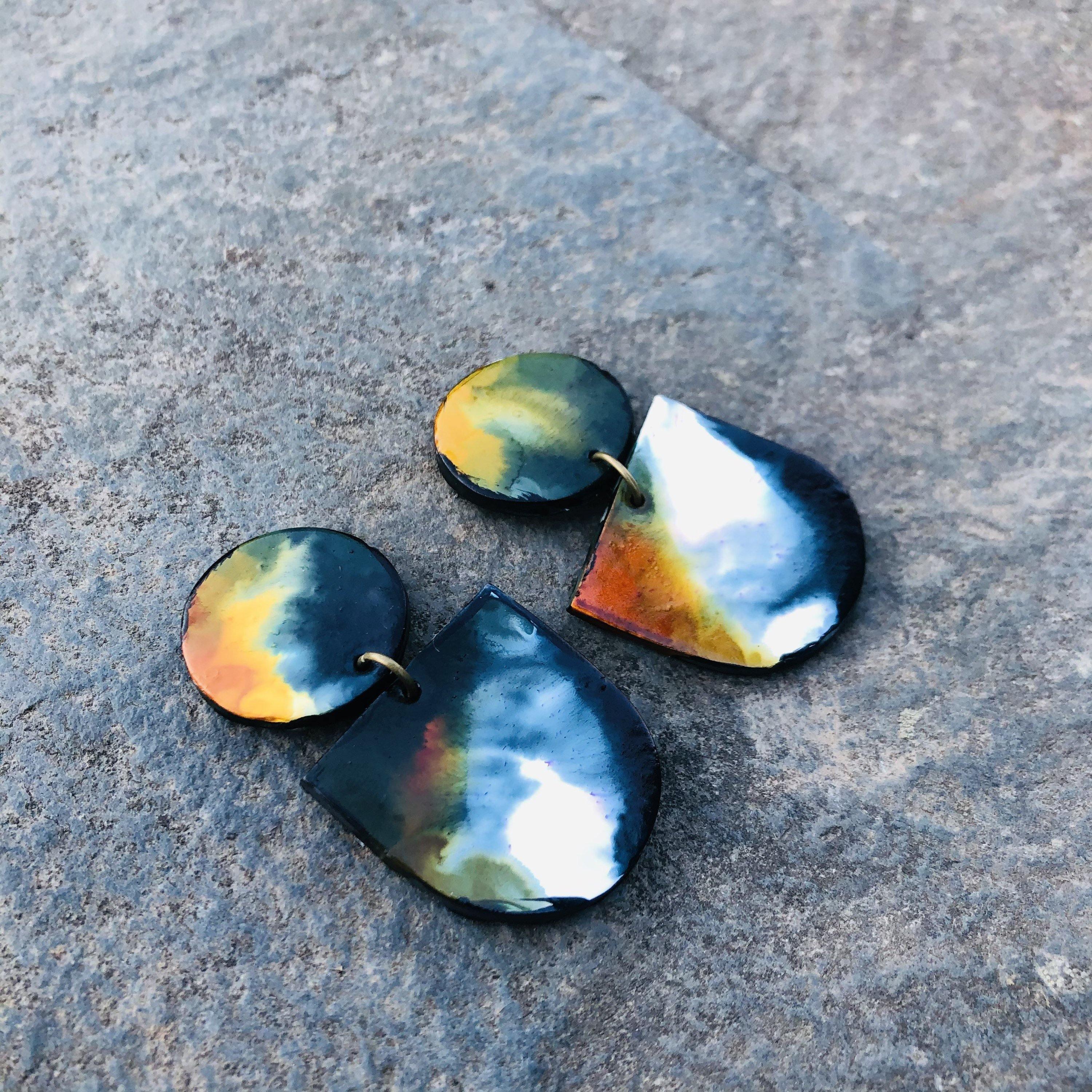 Abstract Alcohol Ink Jewelry Set in Black, White Yellow Orange, Fluid Art Jewelry
